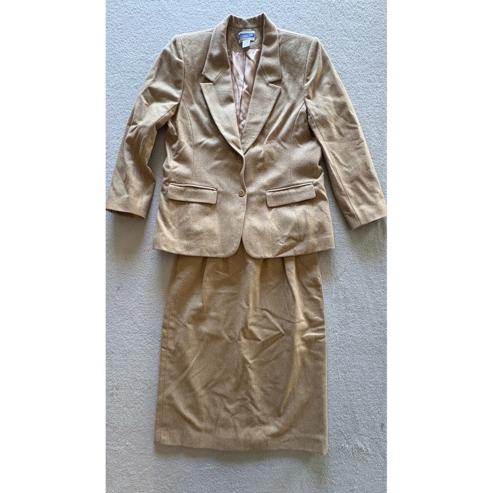 Pendleton Vintage Camel Tan 100% Virgin Wool Blazer Skirt Suit Set Size 14 USA